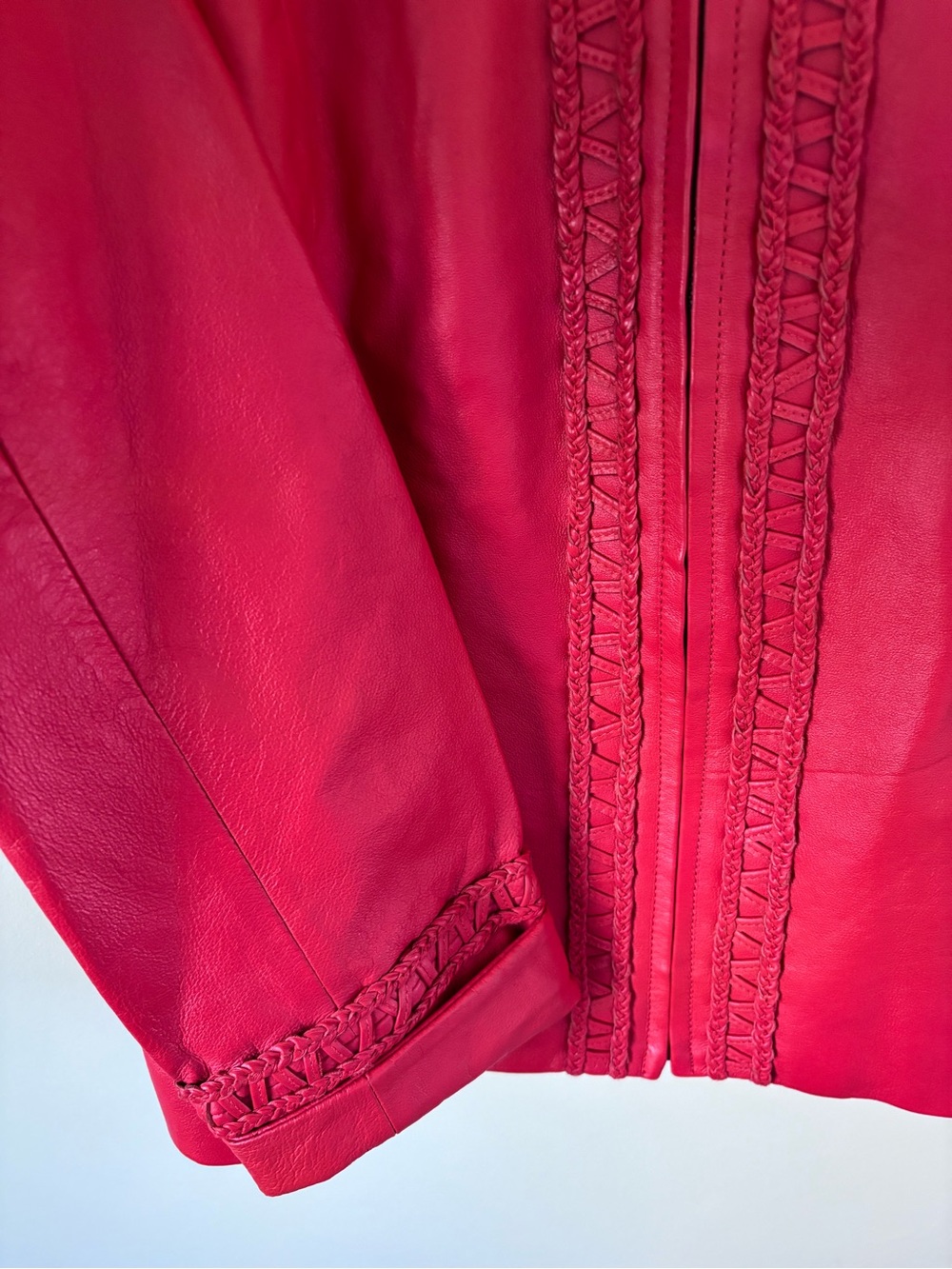 Vintage Ruby Red Leather Woven Statement Jacket by Guillaume (Size Medium) - Picture 6 of 10